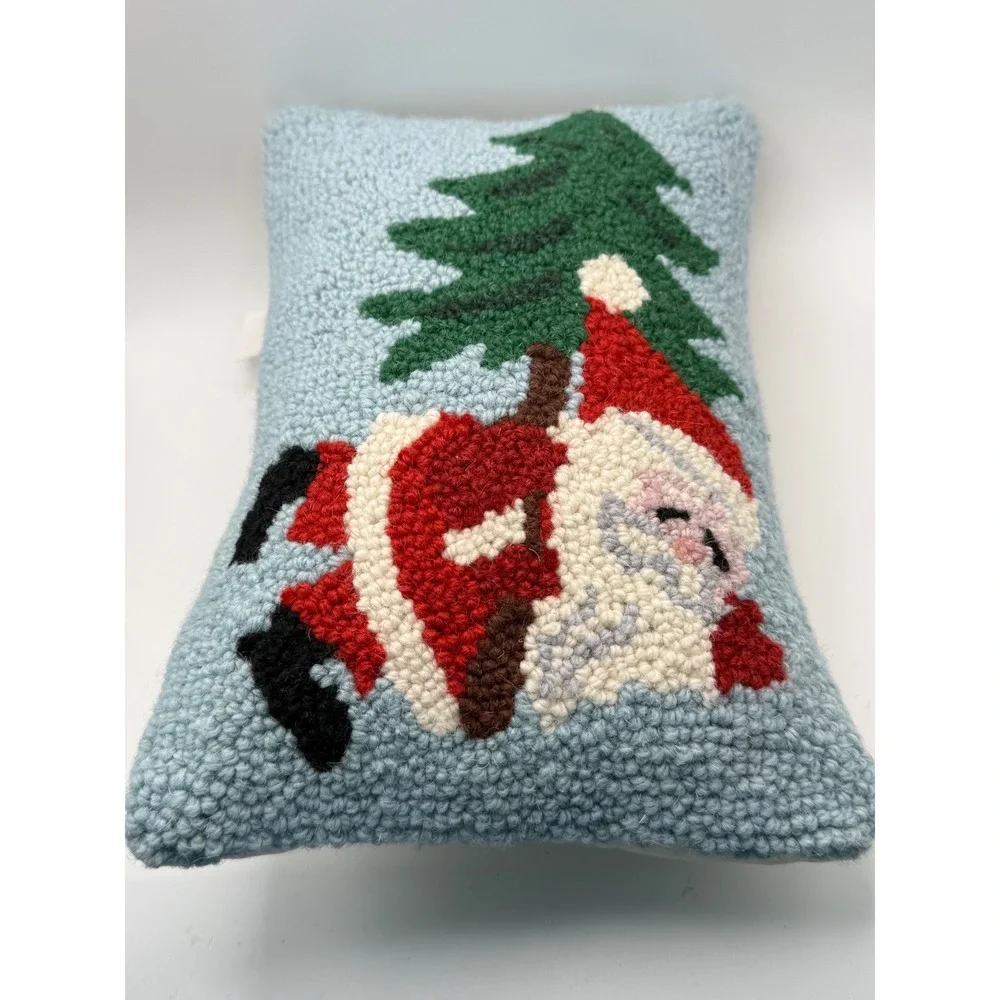 Peking Handicraft Santa with Tree Hooked Wool Pillow Blue 8x12 31AV197C12OB NEW